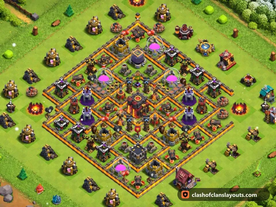 TH10 Farm Base Layout 225: Clash of Clans Town Hall 10 farm base layout, full base picture