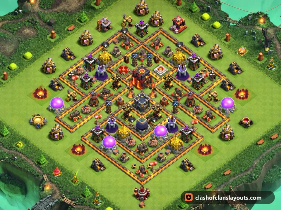 TH10 Hybrid Base Layout 201: Clash of Clans Town Hall 10 hybrid base layout, full base picture