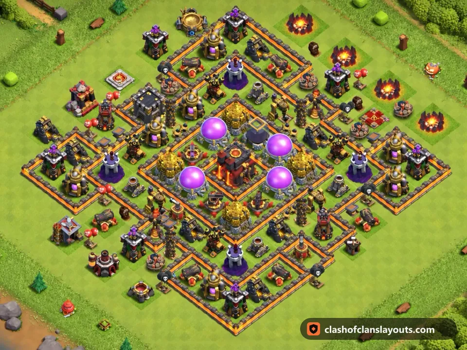 TH10 Hybrid Base Layout 202: Clash of Clans Town Hall 10 hybrid base layout, full base picture