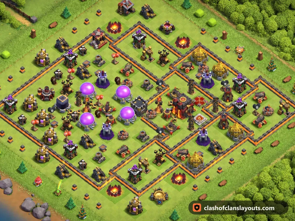 TH10 Hybrid Base Layout 203: Clash of Clans Town Hall 10 hybrid base layout, full base picture