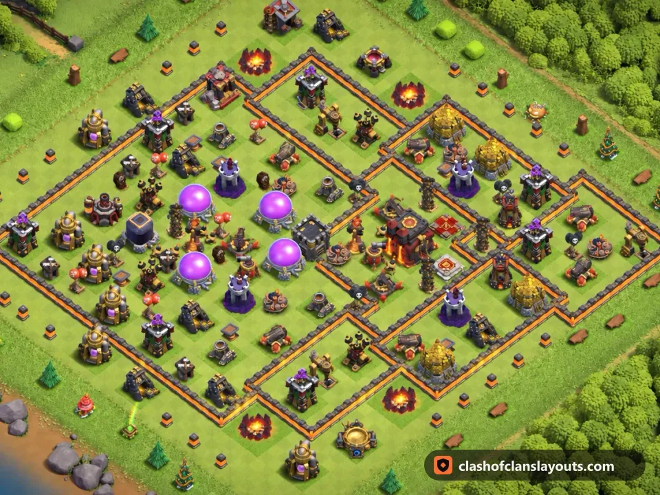 TH10 Hybrid Base Layout 203: Clash of Clans Town Hall 10 hybrid base layout, full base picture