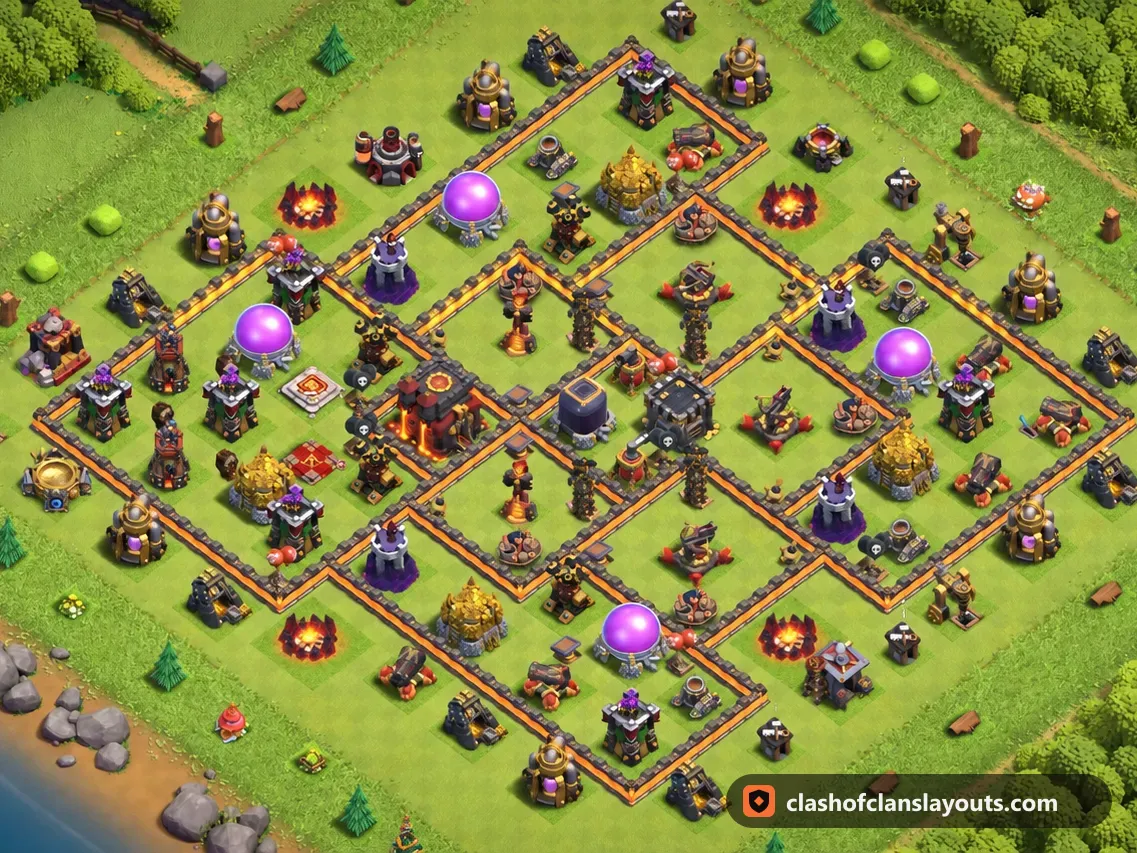 TH10 Hybrid Base Layout 204: Clash of Clans Town Hall 10 hybrid base layout, full base picture