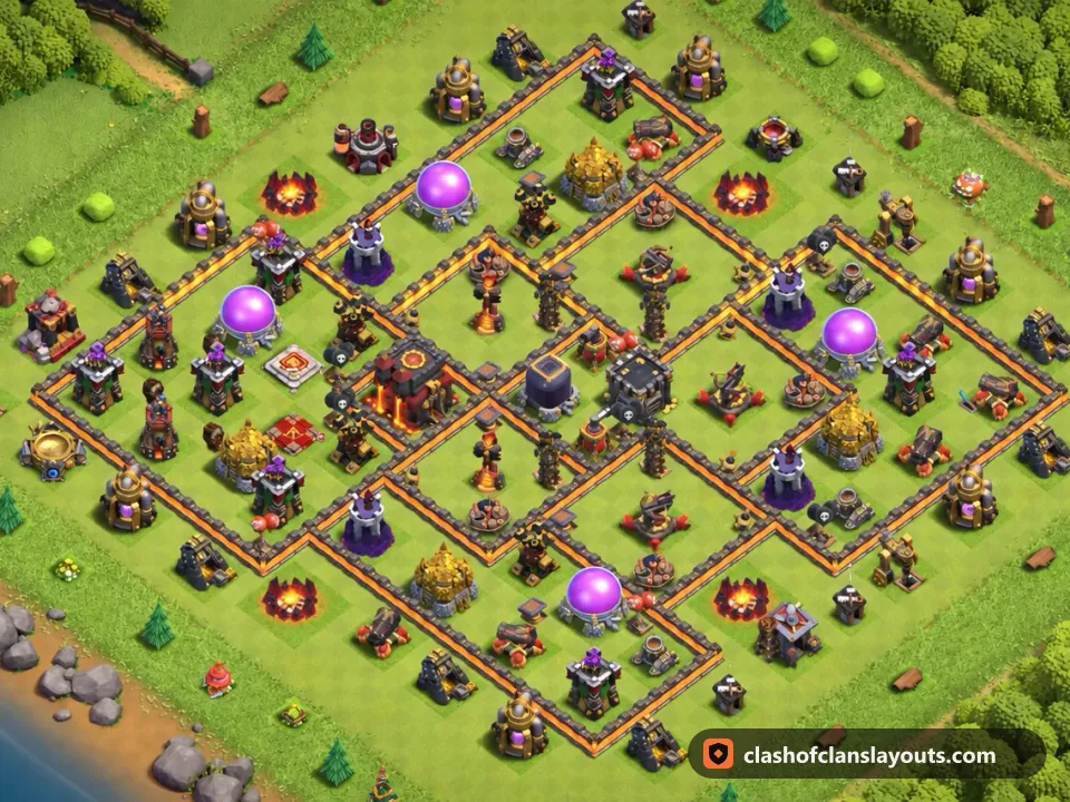 TH10 Hybrid Base Layout 204: Clash of Clans Town Hall 10 hybrid base layout, full base picture
