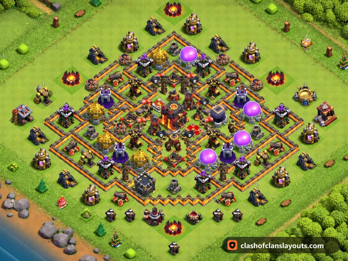 TH10 Hybrid Base Layout 205: Clash of Clans Town Hall 10 hybrid base layout, full base picture