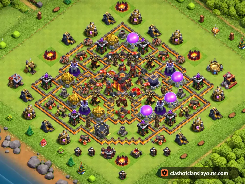 TH10 Hybrid Base Layout 205: Clash of Clans Town Hall 10 hybrid base layout, full base picture