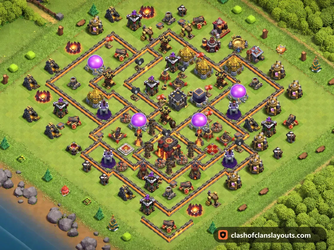 TH10 Hybrid Base Layout 207: Clash of Clans Town Hall 10 hybrid base layout, full base picture