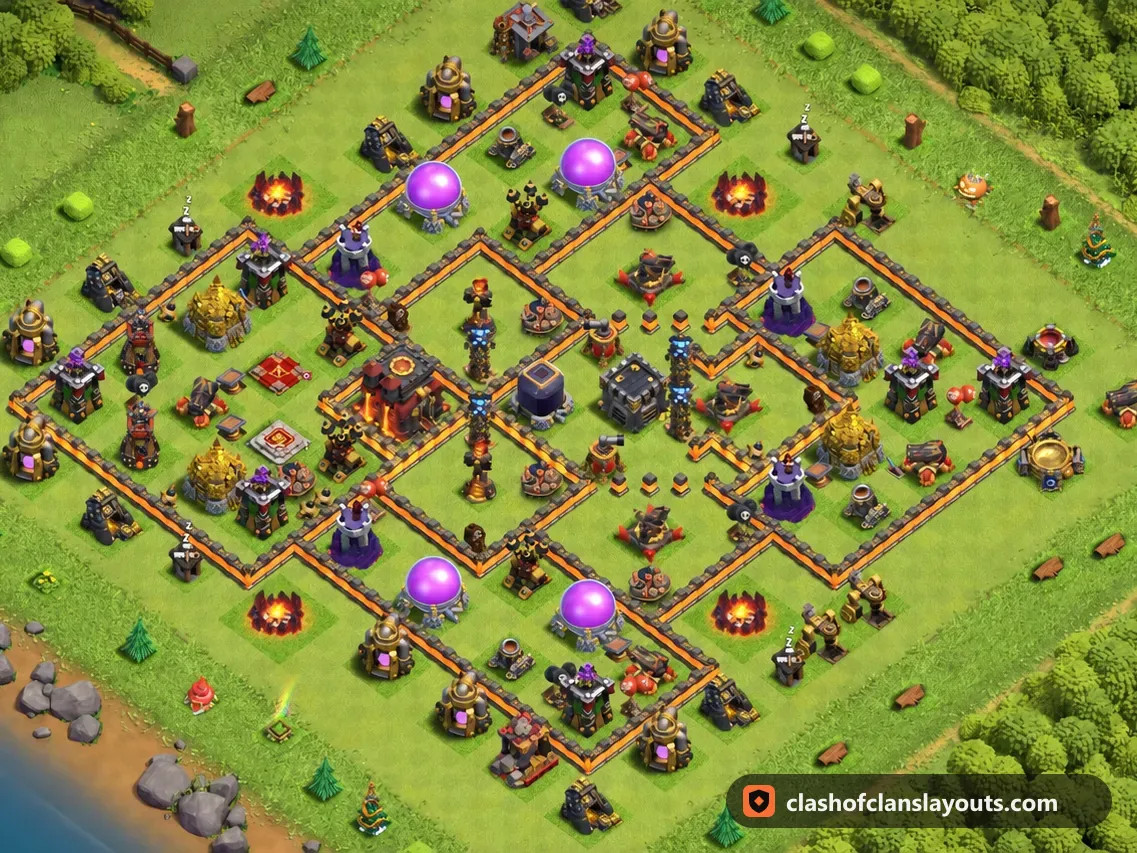 TH10 Hybrid Base Layout 208: Clash of Clans Town Hall 10 hybrid base layout, full base picture