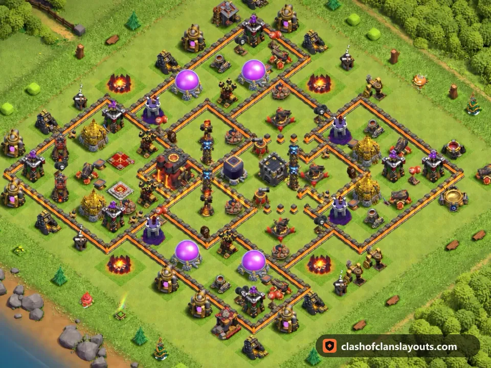 TH10 Hybrid Base Layout 208: Clash of Clans Town Hall 10 hybrid base layout, full base picture