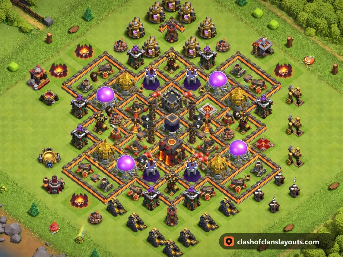 TH10 Hybrid Base Layout 209: Clash of Clans Town Hall 10 hybrid base layout, full base picture