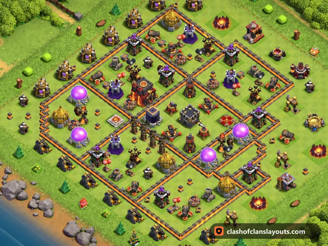 TH10 Hybrid Base Layout 210: Clash of Clans Town Hall 10 hybrid base layout, full base picture