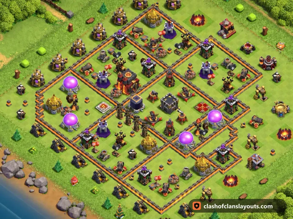 TH10 Hybrid Base Layout 210: Clash of Clans Town Hall 10 hybrid base layout, full base picture