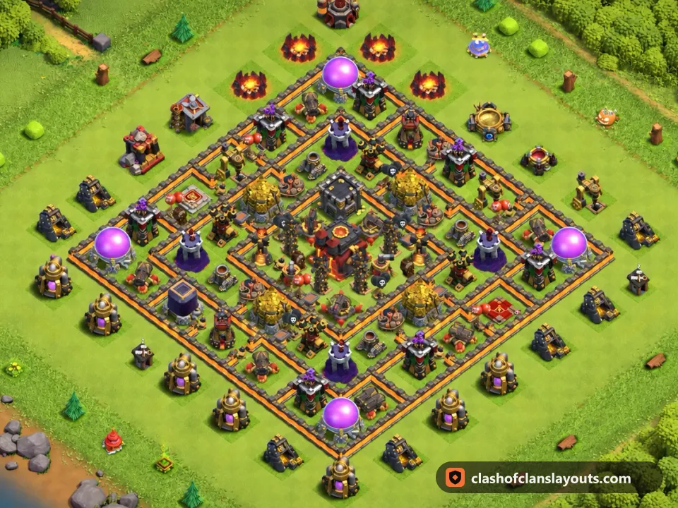 TH10 Hybrid Base Layout 211: Clash of Clans Town Hall 10 hybrid base layout, full base picture