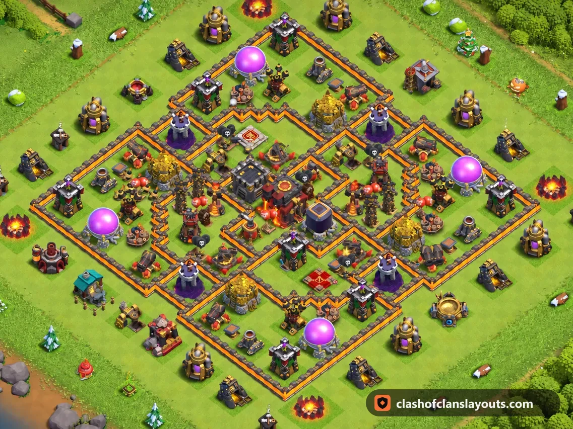 TH10 Hybrid Base Layout 212: Clash of Clans Town Hall 10 hybrid base layout, full base picture