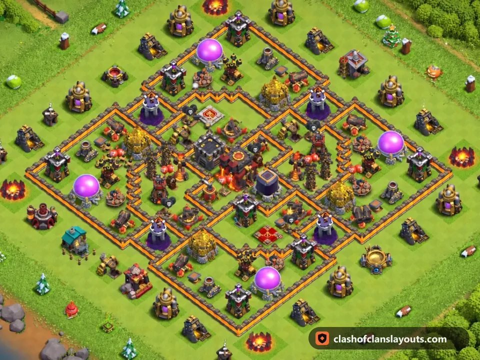TH10 Hybrid Base Layout 212: Clash of Clans Town Hall 10 hybrid base layout, full base picture