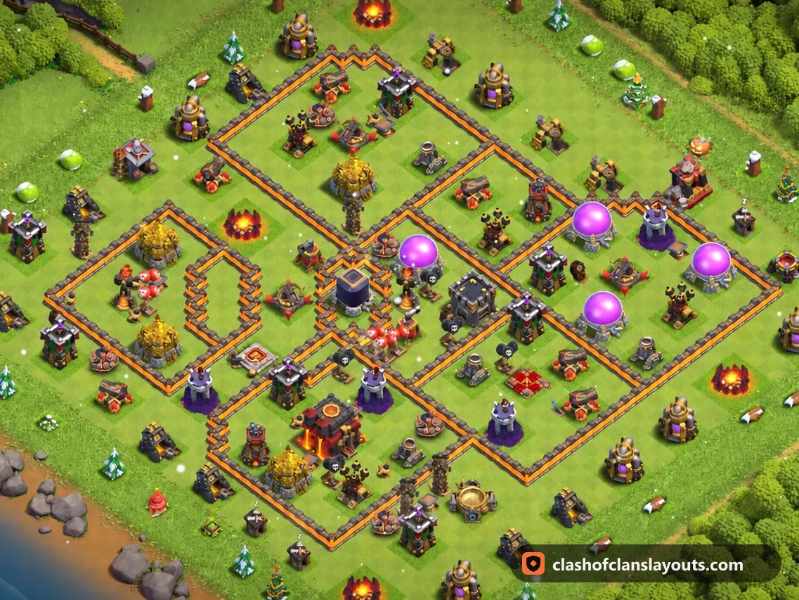 TH10 Hybrid Base Layout 213: Clash of Clans Town Hall 10 hybrid base layout, full base picture