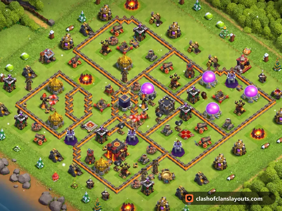 TH10 Hybrid Base Layout 213: Clash of Clans Town Hall 10 hybrid base layout, full base picture