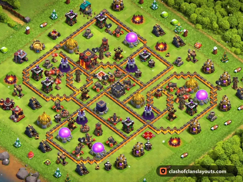 TH10 Hybrid Base Layout 214: Clash of Clans Town Hall 10 hybrid base layout, full base picture
