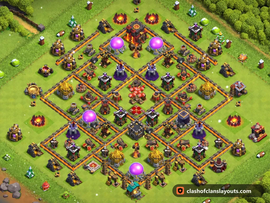 TH10 Hybrid Base Layout 215: Clash of Clans Town Hall 10 hybrid base layout, full base picture