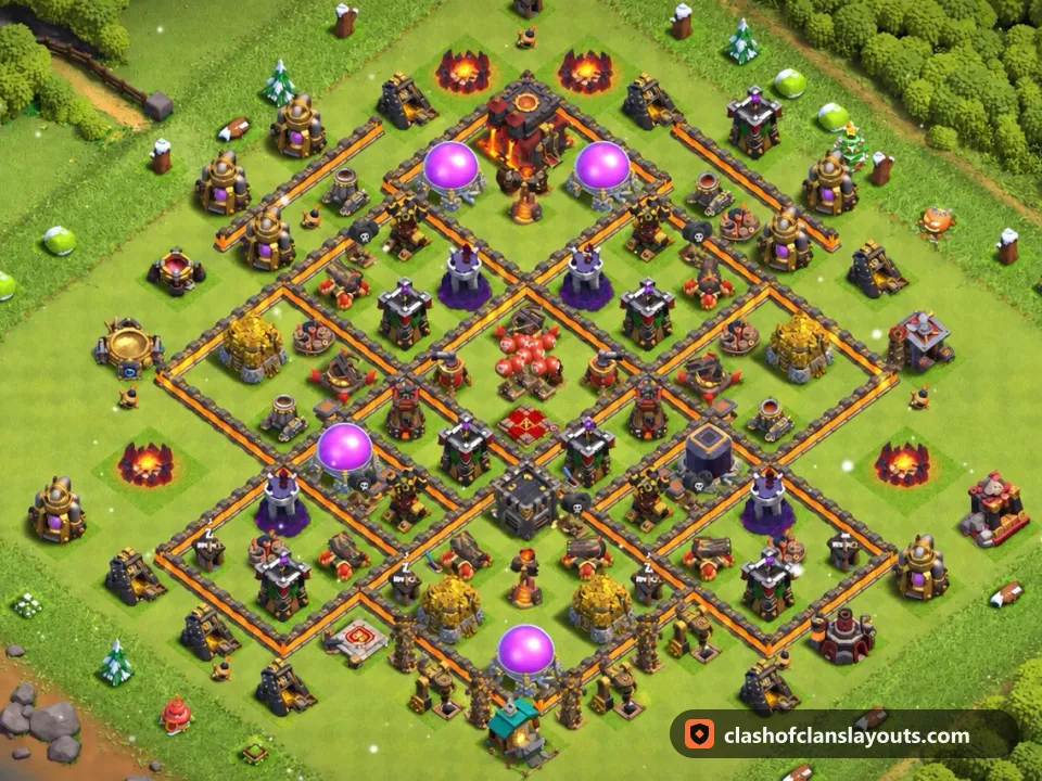 TH10 Hybrid Base Layout 215: Clash of Clans Town Hall 10 hybrid base layout, full base picture
