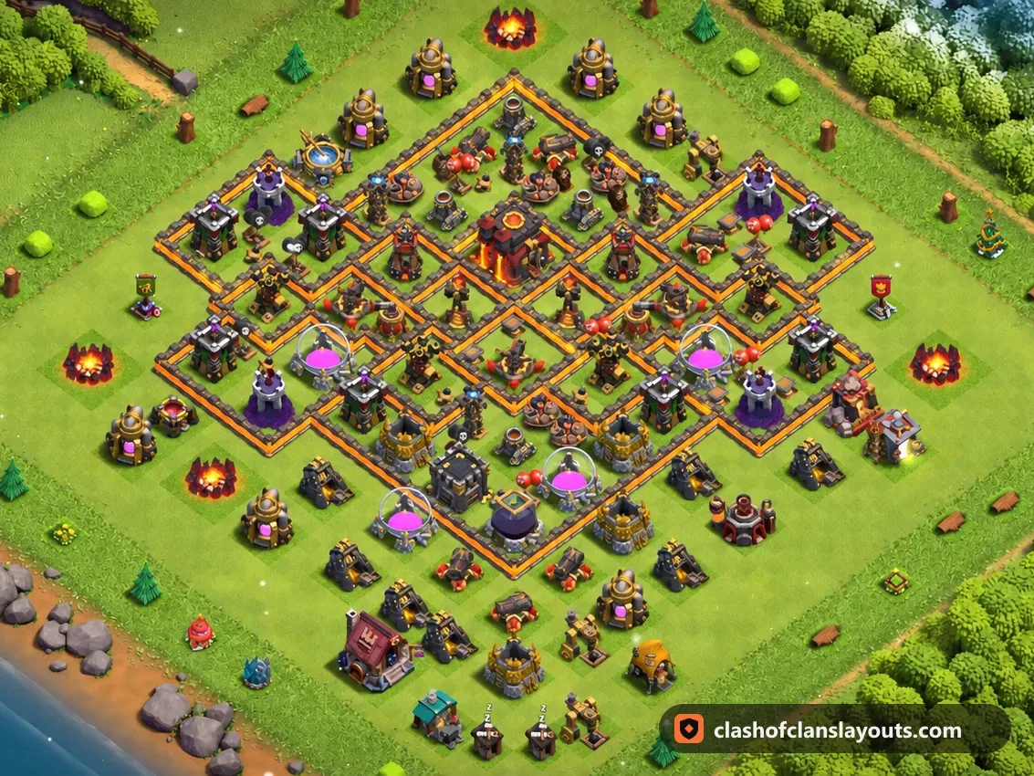 Base de Troféus TH10 268: layout de base de troféus de Clash of Clans para Centro de Vila 10, imagem completa da base