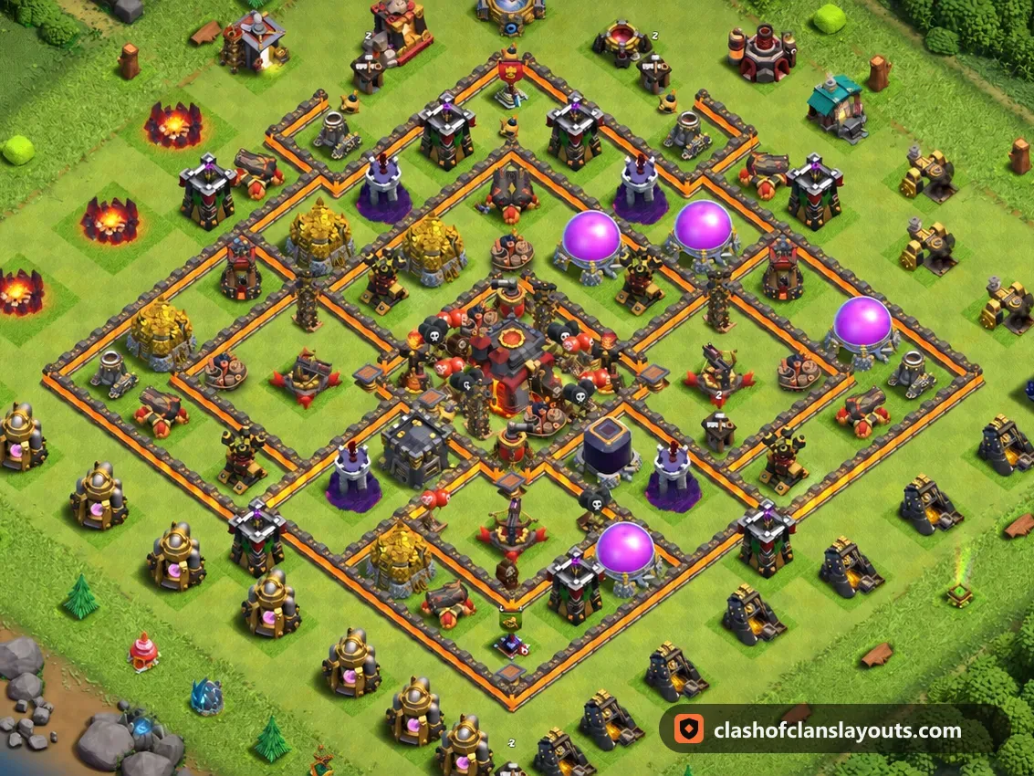 TH10 Trophy Base Layout 275: Clash of Clans Town Hall 10 trophy base layout, full base picture