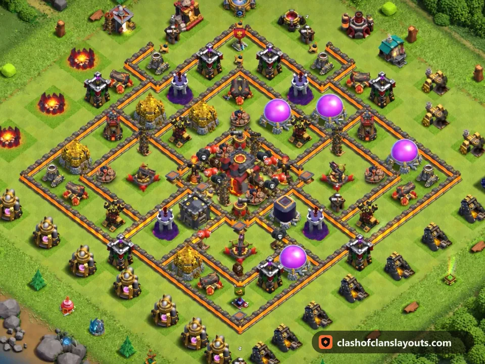 TH10 Trophy Base Layout 275: Clash of Clans Town Hall 10 trophy base layout, full base picture