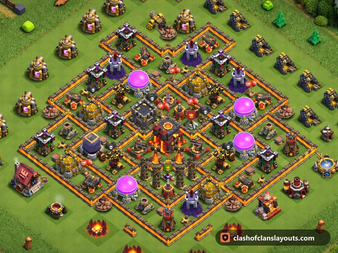 Trophäenbase TH10 281: Clash of Clans Trophäenbase für Rathaus 10, komplettes Bild der Base