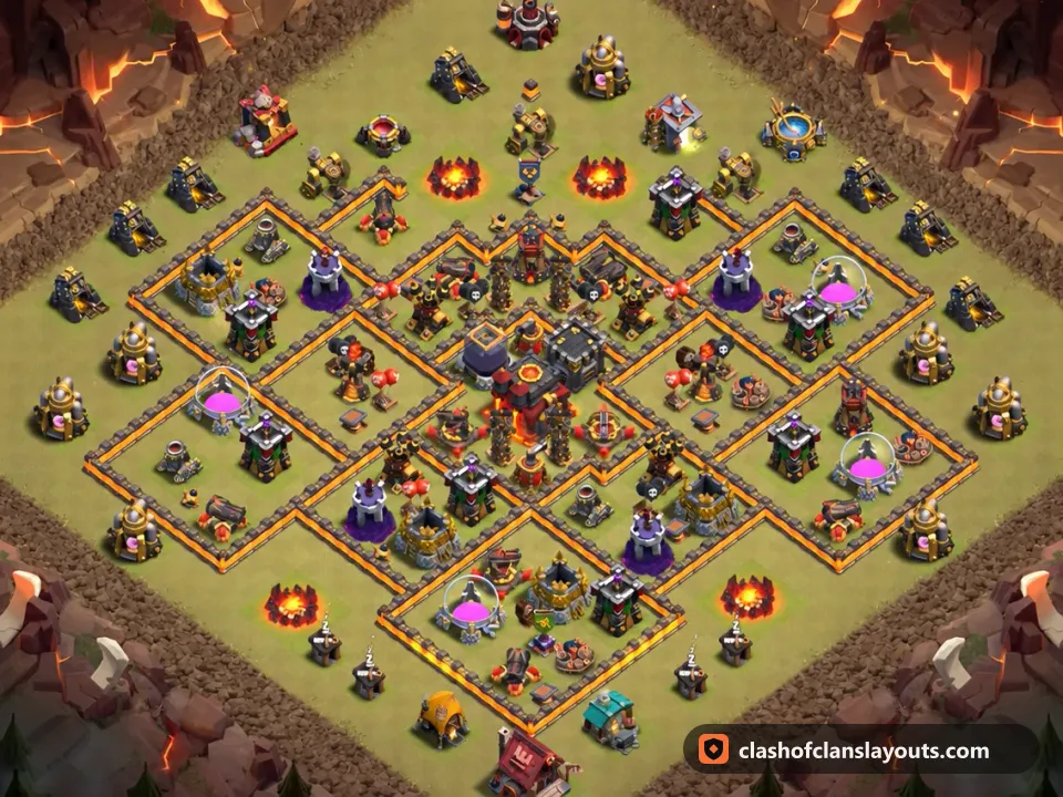 TH10 War Base Layout 193: Clash of Clans Town Hall 10 war base layout, full base picture