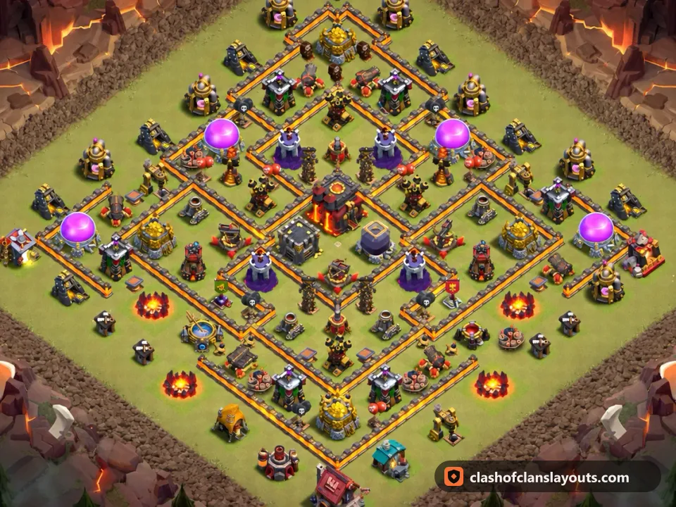 TH10 War Base Layout 196: Clash of Clans Town Hall 10 war base layout, full base picture