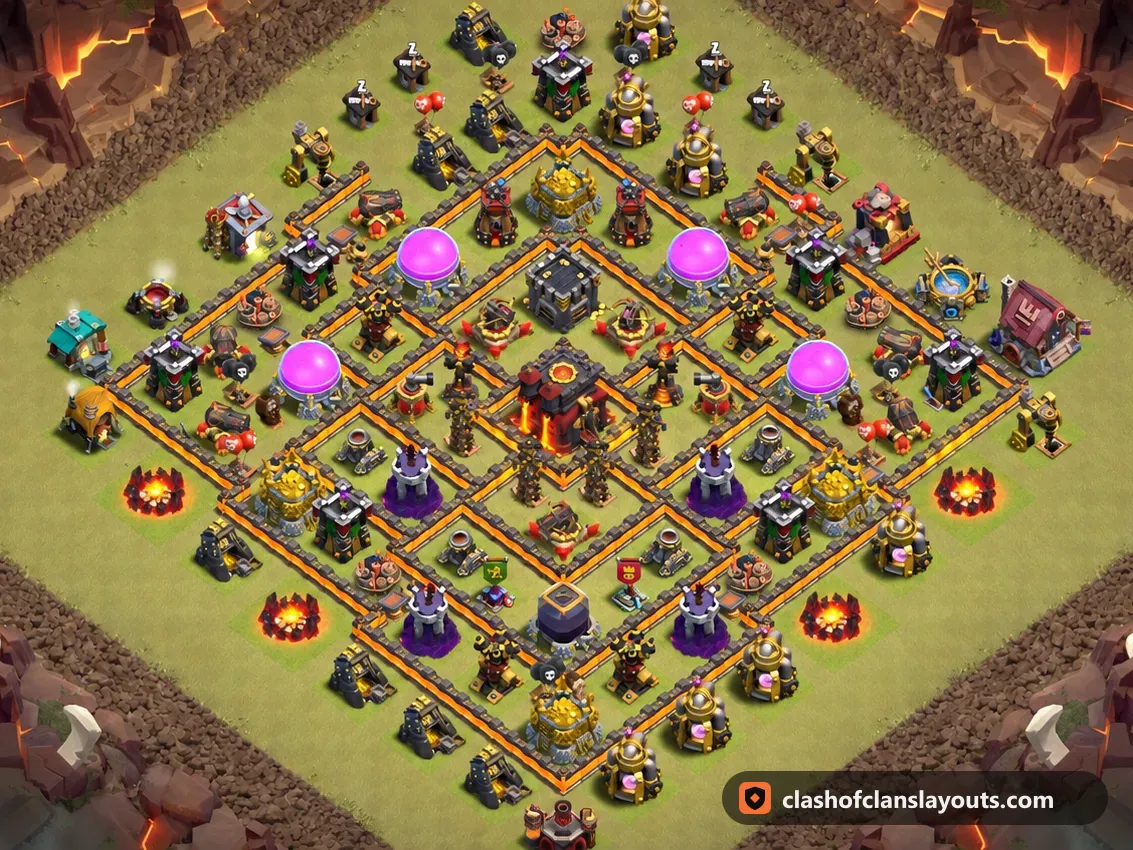 TH10 War Base Layout 197: Clash of Clans Town Hall 10 war base layout, full base picture