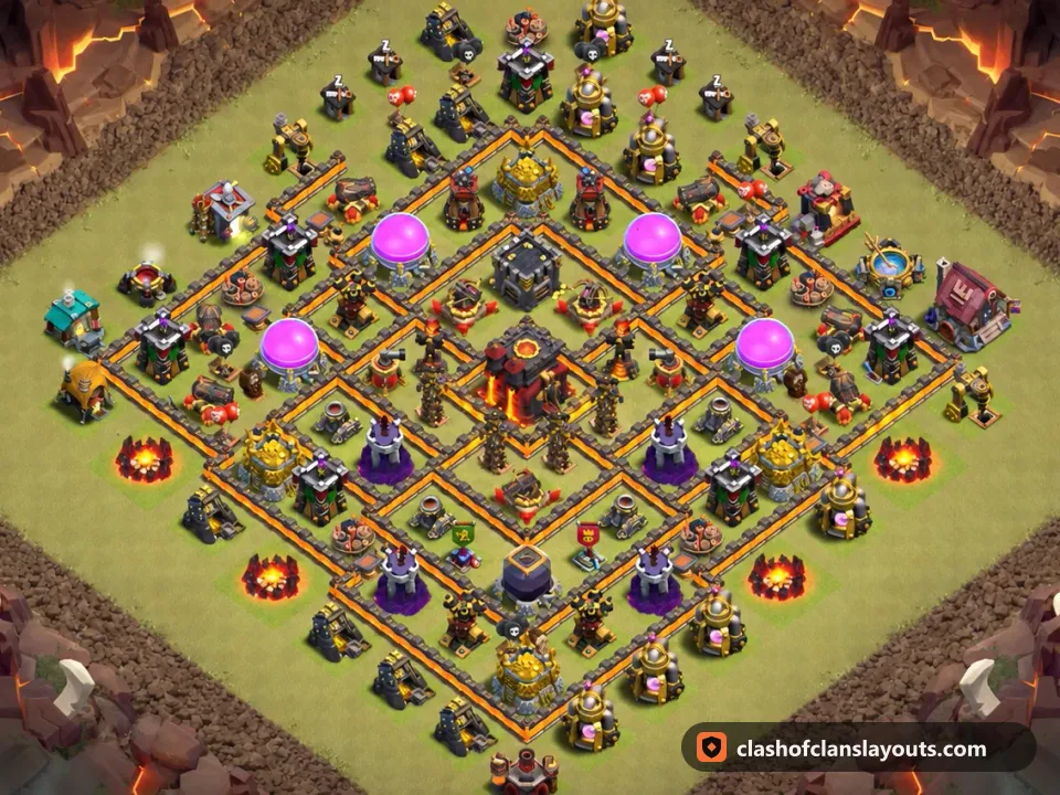 TH10 War Base Layout 197: Clash of Clans Town Hall 10 war base layout, full base picture