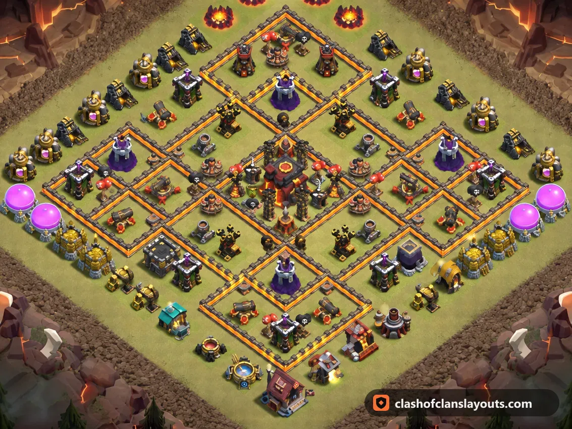 TH10 War Base Layout 198: Clash of Clans Town Hall 10 war base layout, full base picture