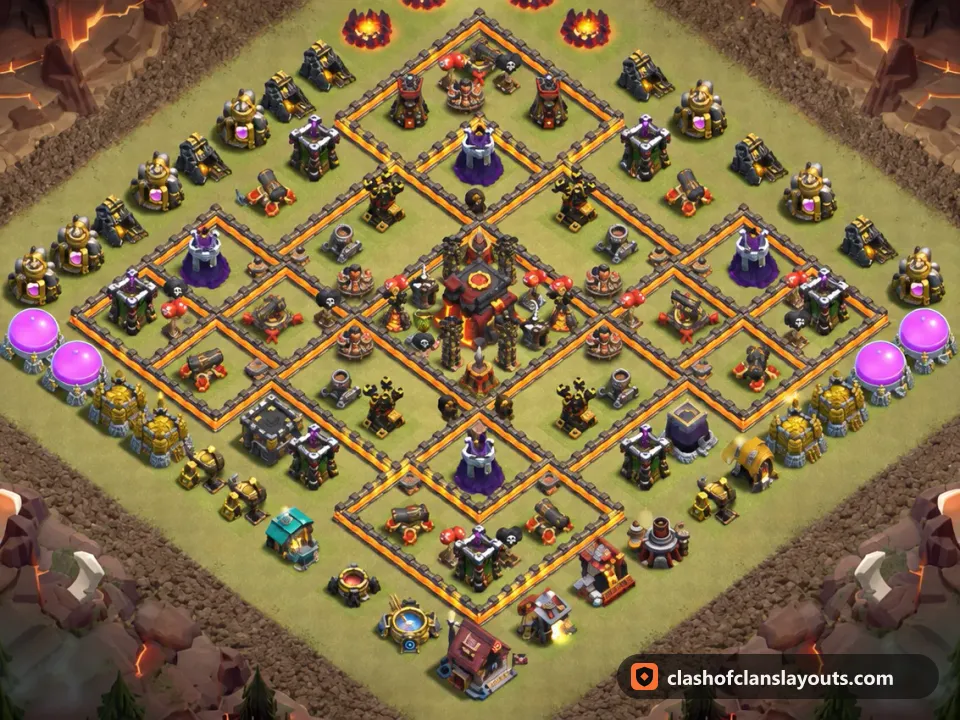 TH10 War Base Layout 198: Clash of Clans Town Hall 10 war base layout, full base picture