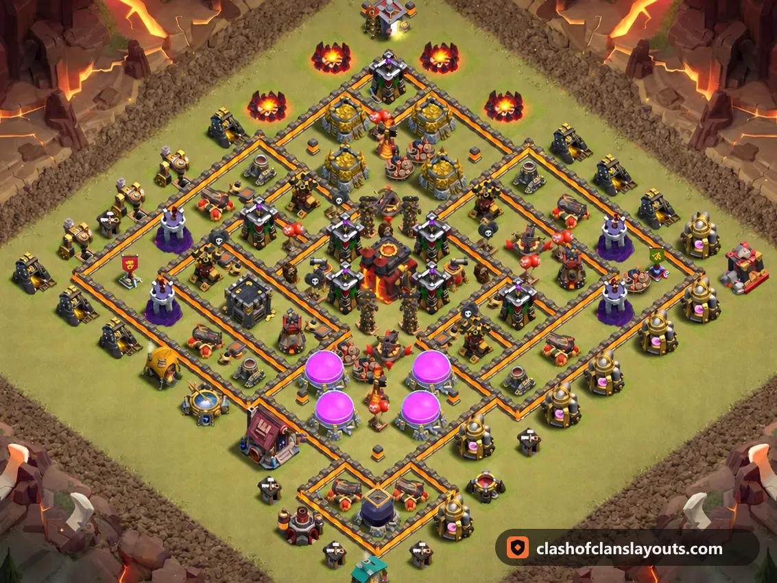 TH10 War Base Layout 199: Clash of Clans Town Hall 10 war base layout, full base picture