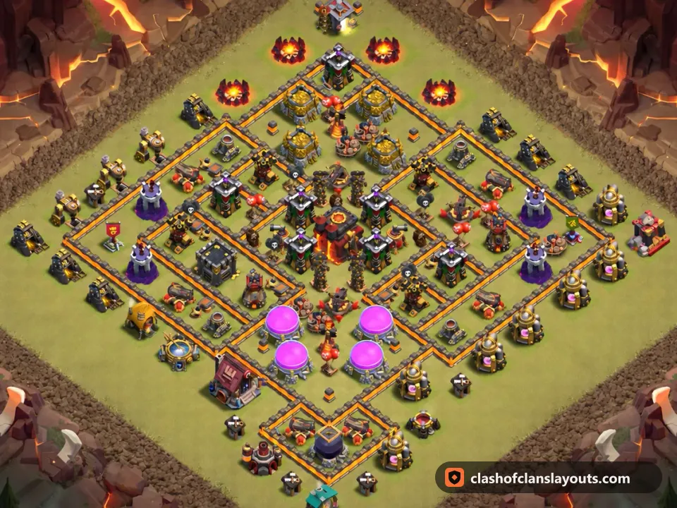 TH10 War Base Layout 199: Clash of Clans Town Hall 10 war base layout, full base picture