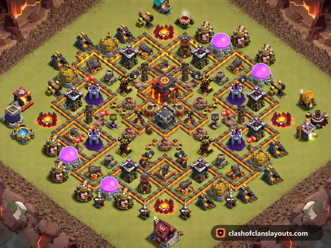 TH10 War Base Layout 200: Clash of Clans Town Hall 10 war base layout, full base picture
