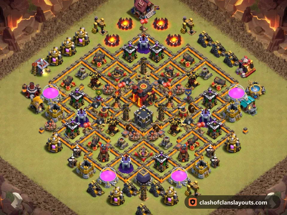 TH10 War Base Layout 201: Clash of Clans Town Hall 10 war base layout, full base picture