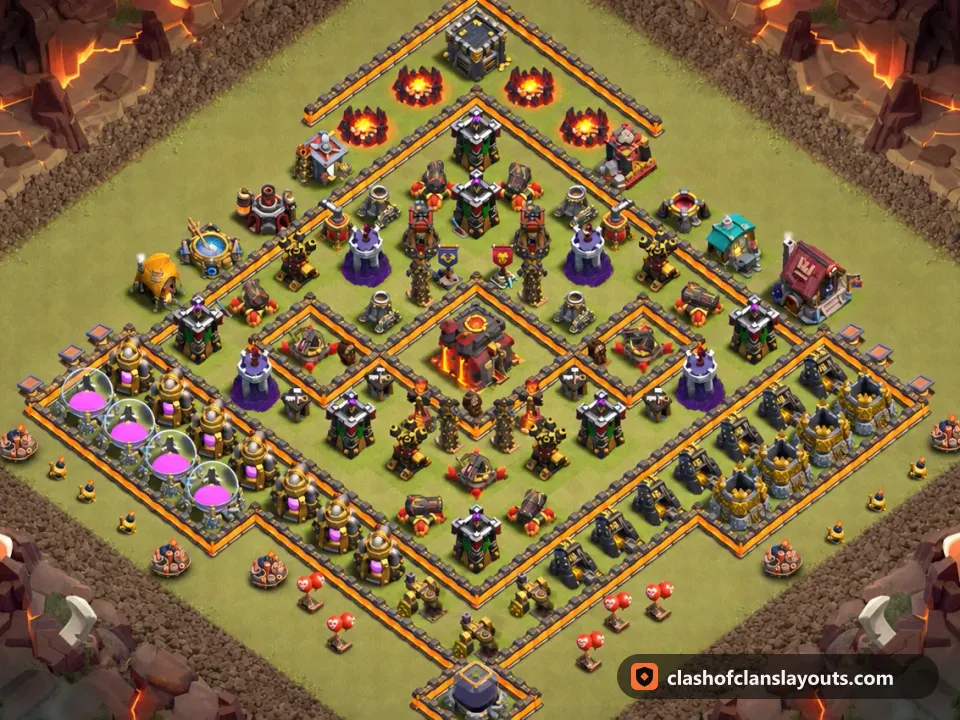 TH10 War Base Layout 202: Clash of Clans Town Hall 10 war base layout, full base picture