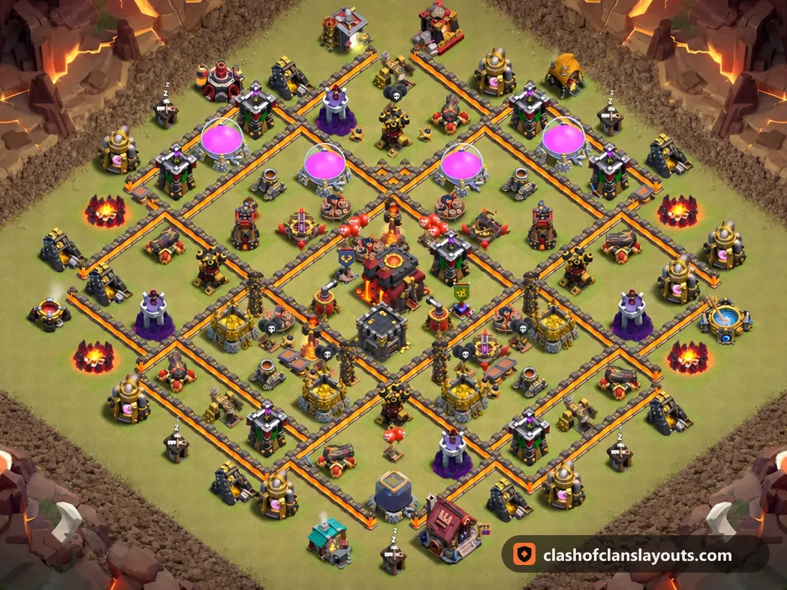 Base da Guerra TH10 203: layout base guerra per Municipio 10 di Clash of Clans, immagine completa della base