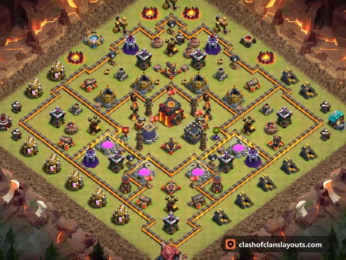 Base da Guerra TH10 204: layout base guerra per Municipio 10 di Clash of Clans, immagine completa della base