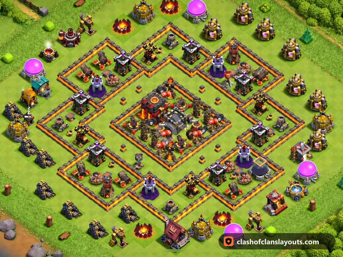 Base de Guerra TH10 205: layout de base de guerra de Clash of Clans para Centro de Vila 10, imagem completa da base