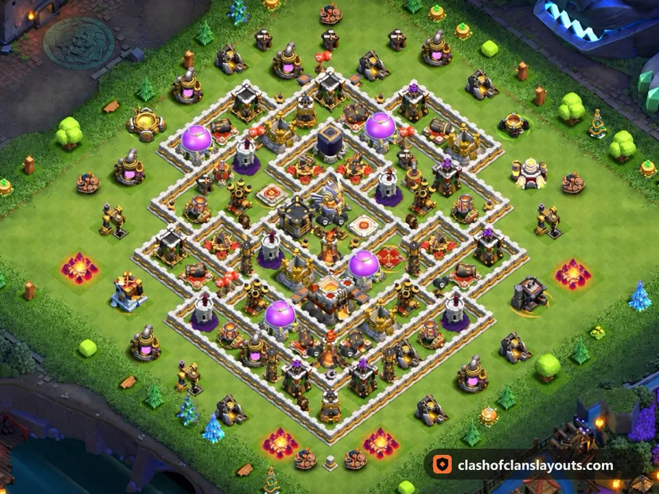 TH11 Hybrid Base Layout 39: Clash of Clans Town Hall 11 hybrid base layout, full base picture