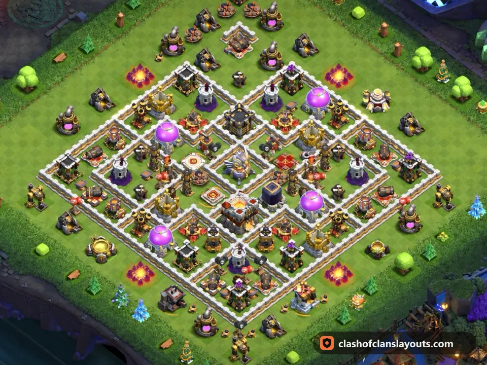 TH11 Hybrid Base Layout 40: Clash of Clans Town Hall 11 hybrid base layout, full base picture