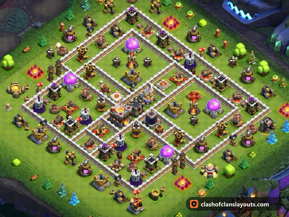 TH11 Hybrid Base Layout 41: Clash of Clans Town Hall 11 hybrid base layout, full base picture