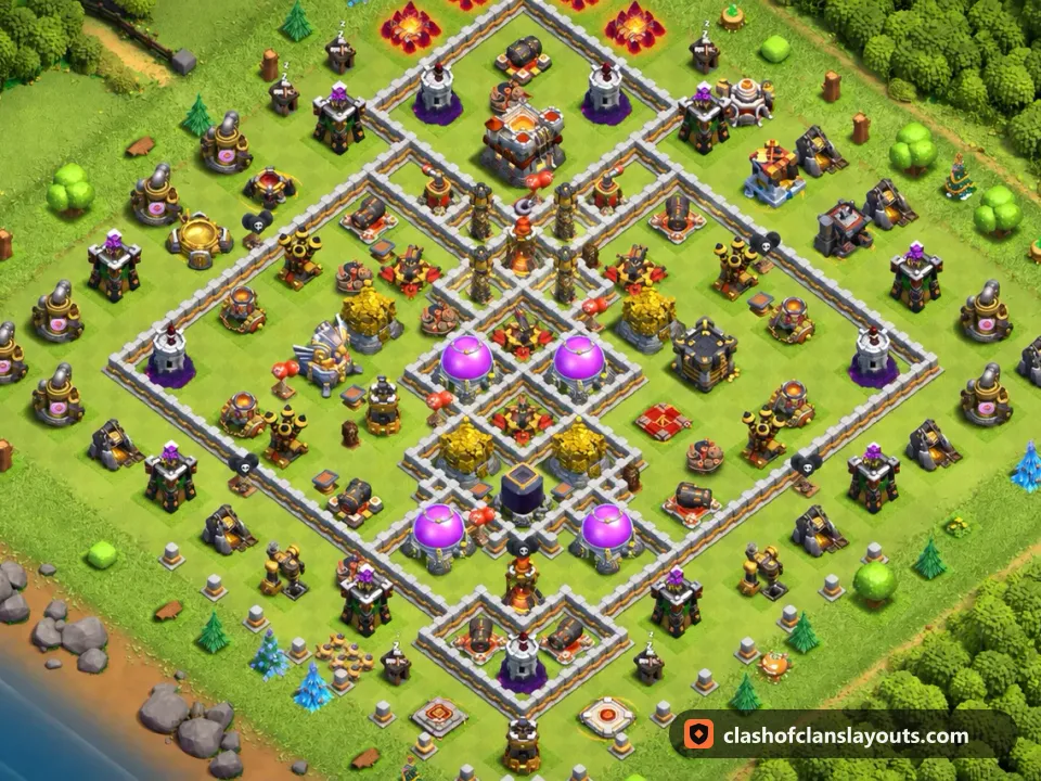 TH11 Hybrid Base Layout 42: Clash of Clans Town Hall 11 hybrid base layout, full base picture