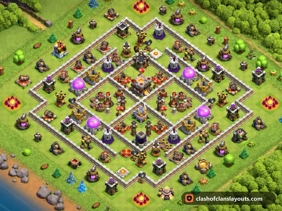 TH11 Hybrid Base Layout 44: Clash of Clans Town Hall 11 hybrid base layout, full base picture