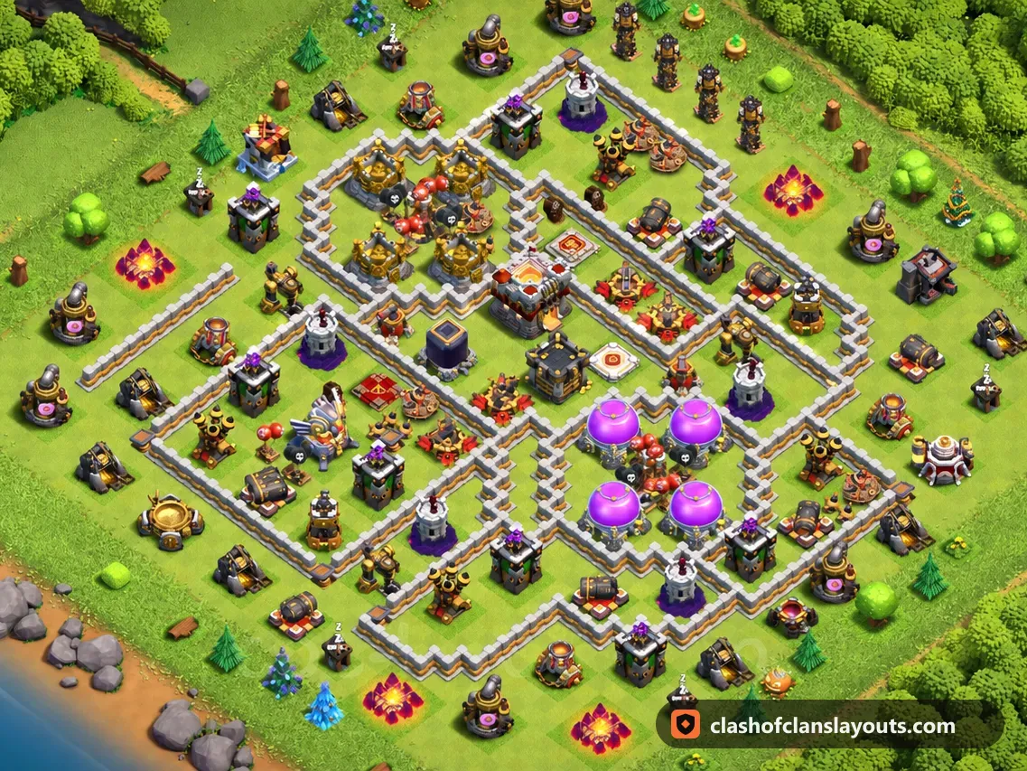 Base Híbrida TH11 45: layout de base híbrida de Clash of Clans para Centro de Vila 11, imagem completa da base