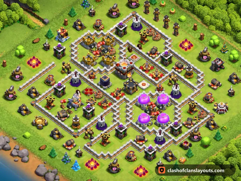TH11 Hybrid Base Layout 45: Clash of Clans Town Hall 11 hybrid base layout, full base picture