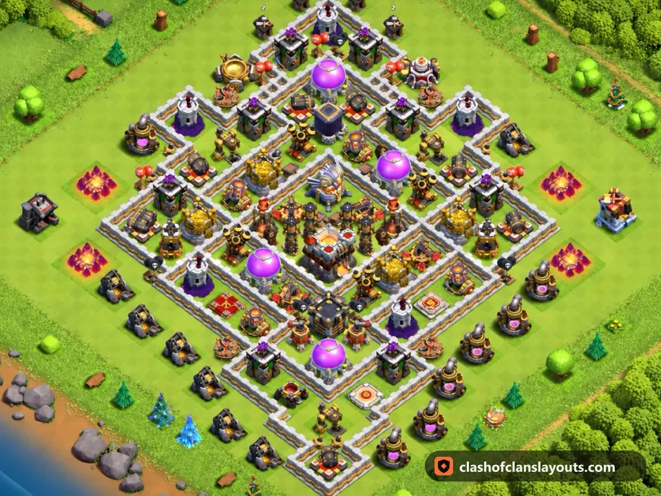 TH11 Hybrid Base Layout 47: Clash of Clans Town Hall 11 hybrid base layout, full base picture