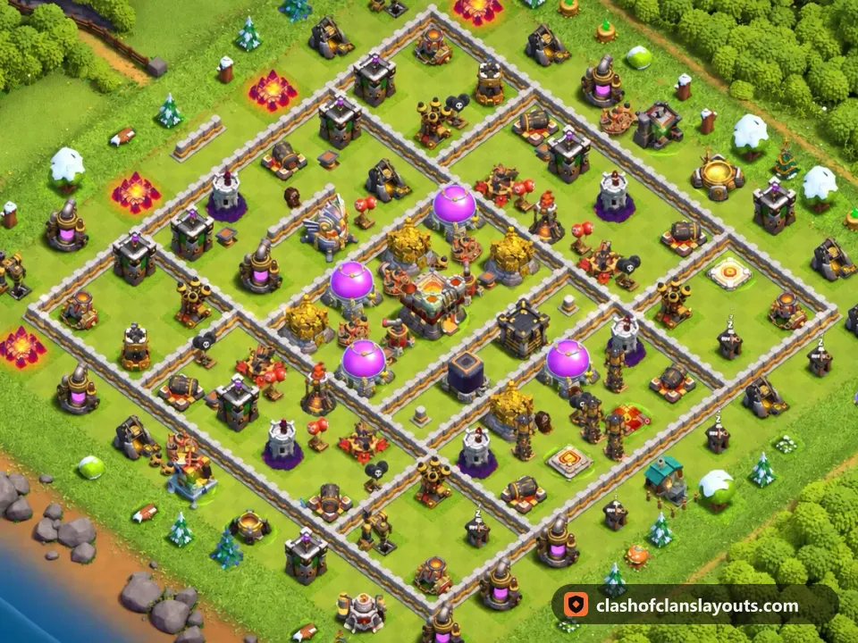TH11 Hybrid Base Layout 49: Clash of Clans Town Hall 11 hybrid base layout, full base picture